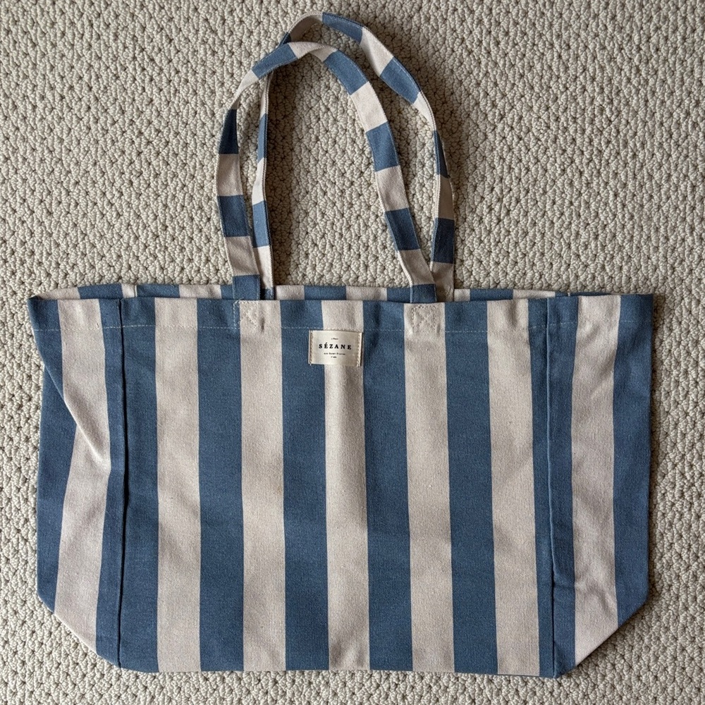Sezane Blue and Cream Striped Canvas Tote